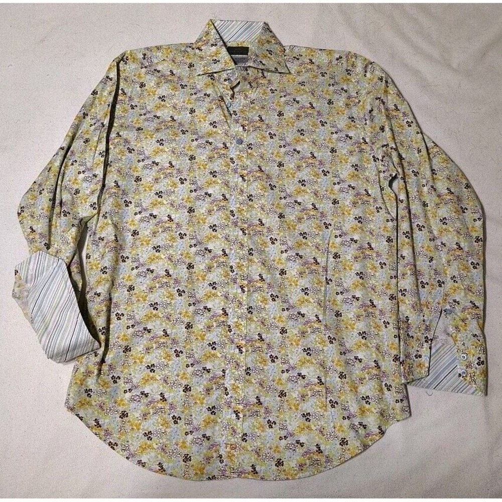 Thomas Dean TD Mens Long sleeve shirt button down Floral flip cuff Size LG D